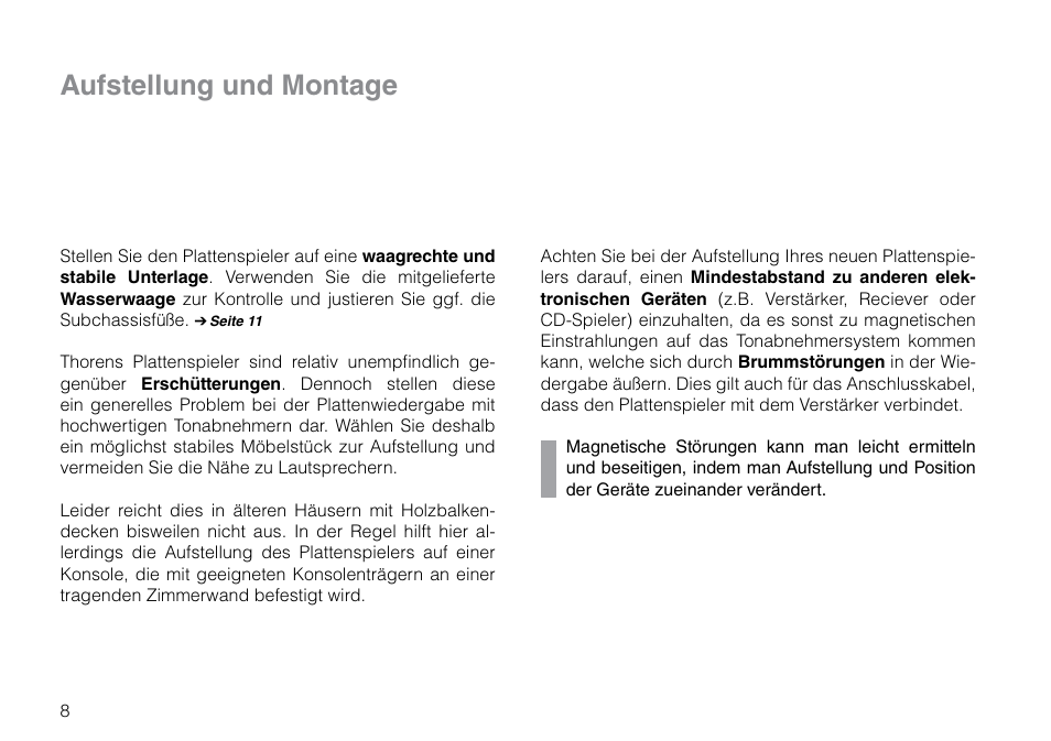 Aufstellung und montage | THORENS TD 209 User Manual | Page 8 / 56