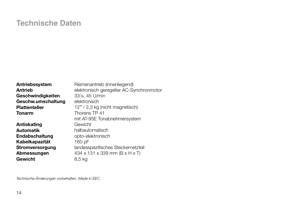 Technische daten | THORENS TD 295 MK IV User Manual | Page 14 / 40