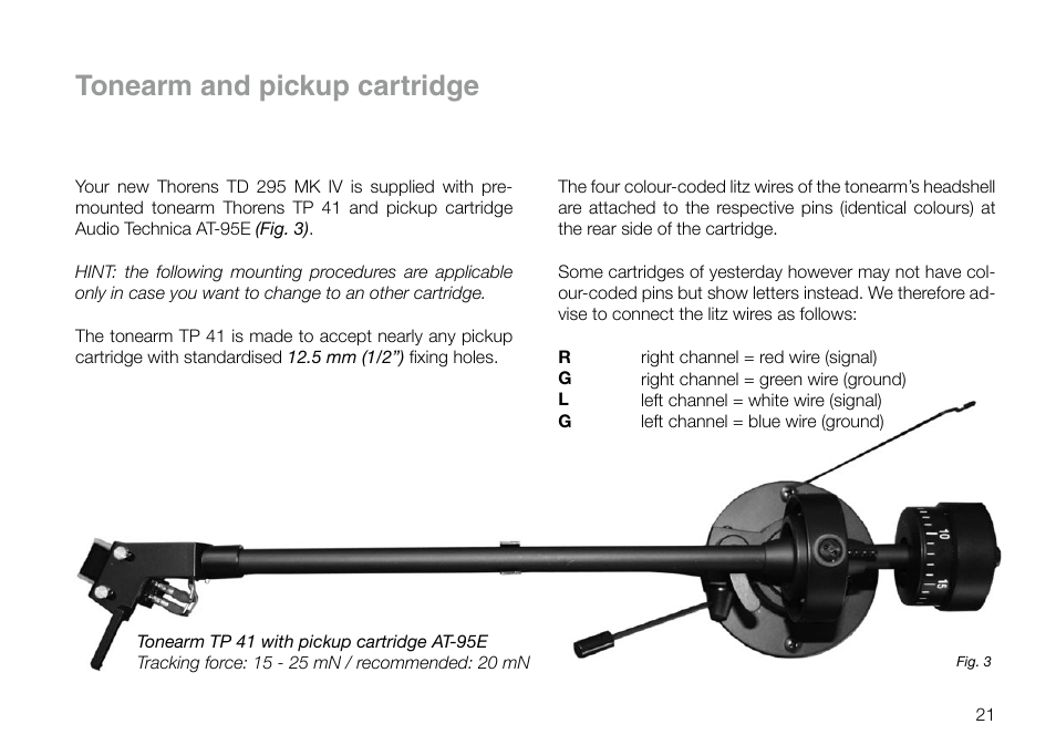 Tonearm and pickup cartridge | THORENS TD 295 MK IV User Manual | Page 21 / 40