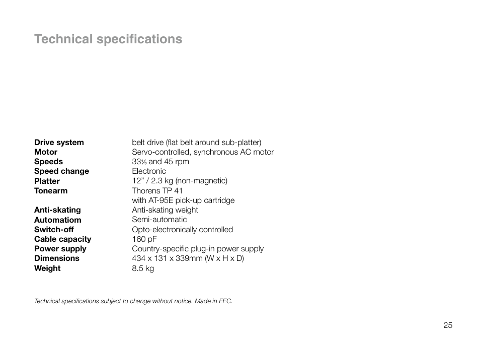 Technical specifications | THORENS TD 295 MK IV User Manual | Page 25 / 40