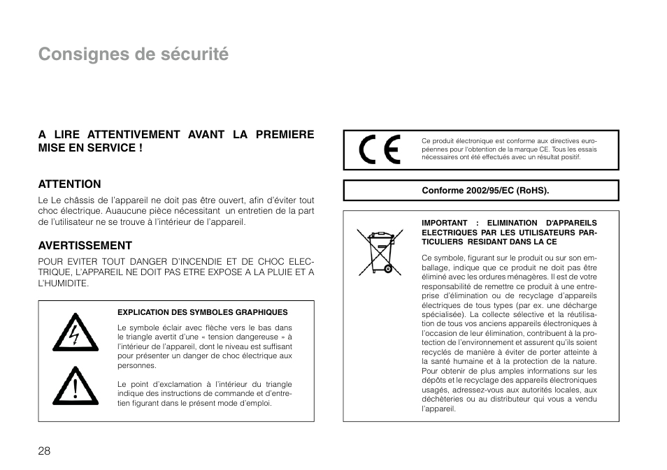 Consignes de sécurité, Avertissement | THORENS TD 295 MK IV User Manual | Page 28 / 40