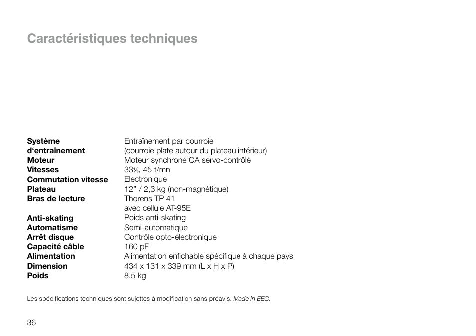 Caractéristiques techniques | THORENS TD 295 MK IV User Manual | Page 36 / 40