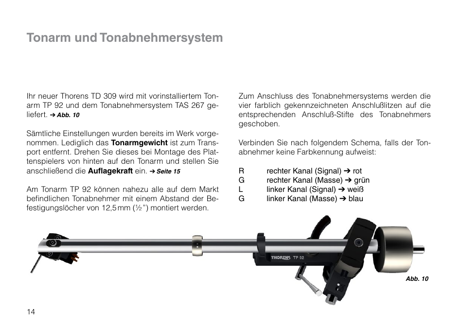 Tonarm und tonabnehmersystem | THORENS TD 309 User Manual | Page 14 / 56