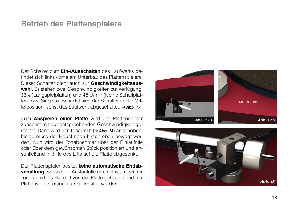 Betrieb des plattenspielers | THORENS TD 309 User Manual | Page 19 / 56