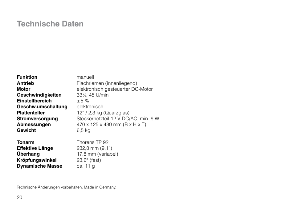 Technische daten | THORENS TD 309 User Manual | Page 20 / 56