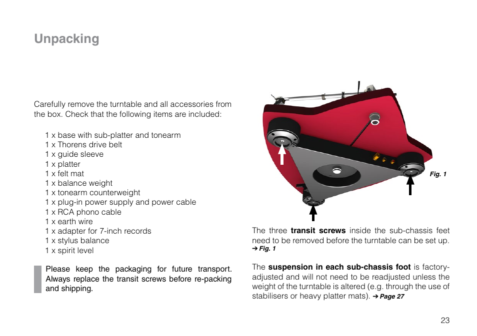 Unpacking | THORENS TD 309 User Manual | Page 23 / 56