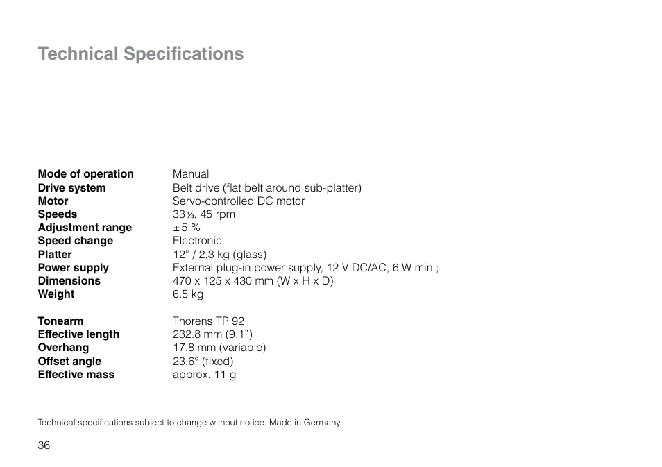 Technical specifications | THORENS TD 309 User Manual | Page 36 / 56