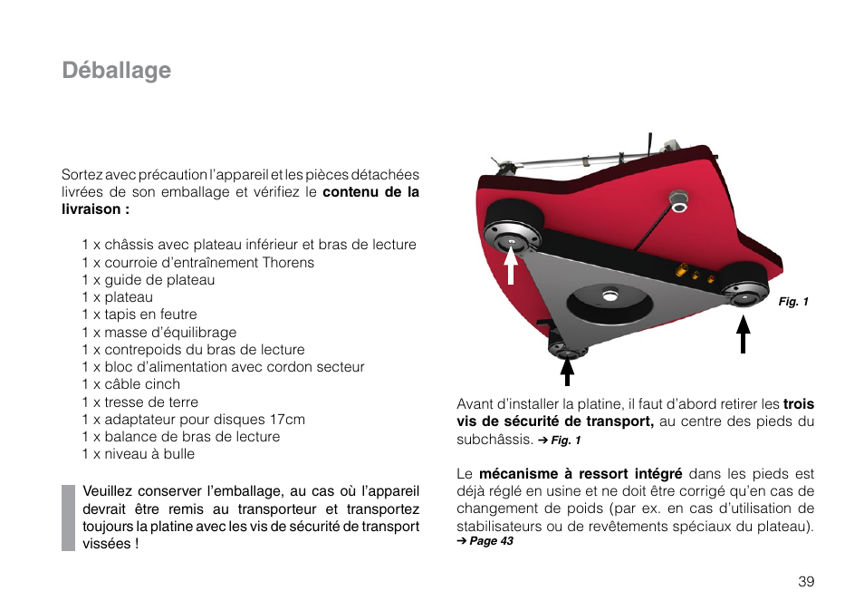 Déballage | THORENS TD 309 User Manual | Page 39 / 56