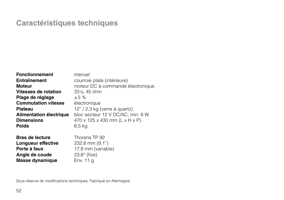 Caractéristiques techniques | THORENS TD 309 User Manual | Page 52 / 56