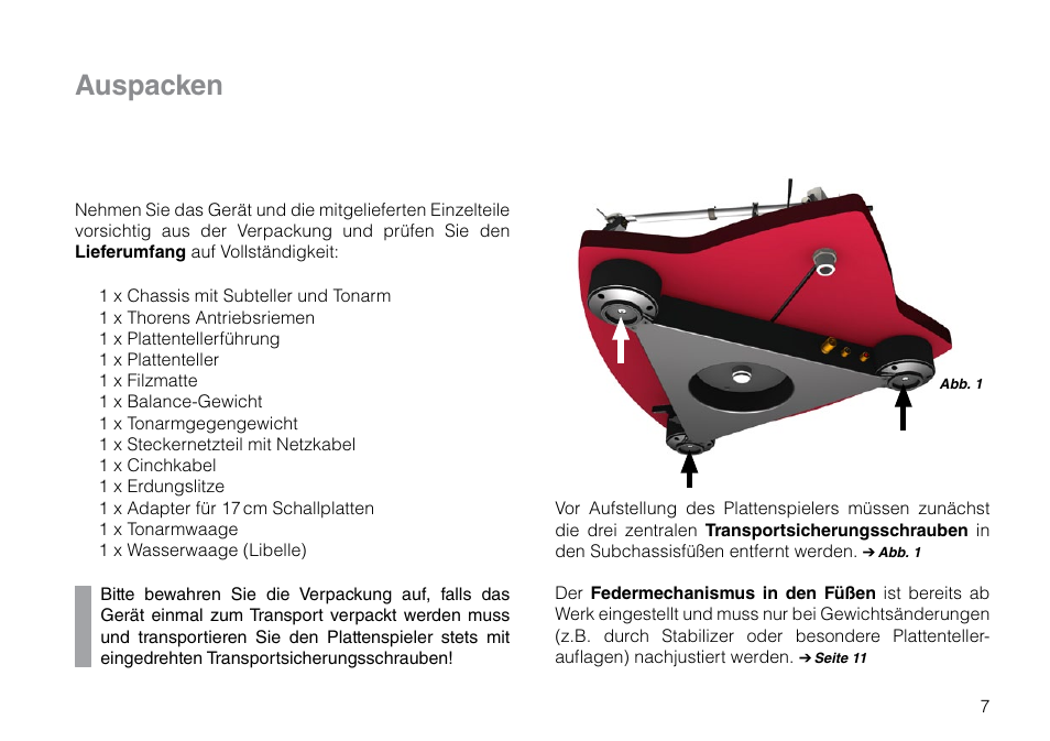 Auspacken | THORENS TD 309 User Manual | Page 7 / 56