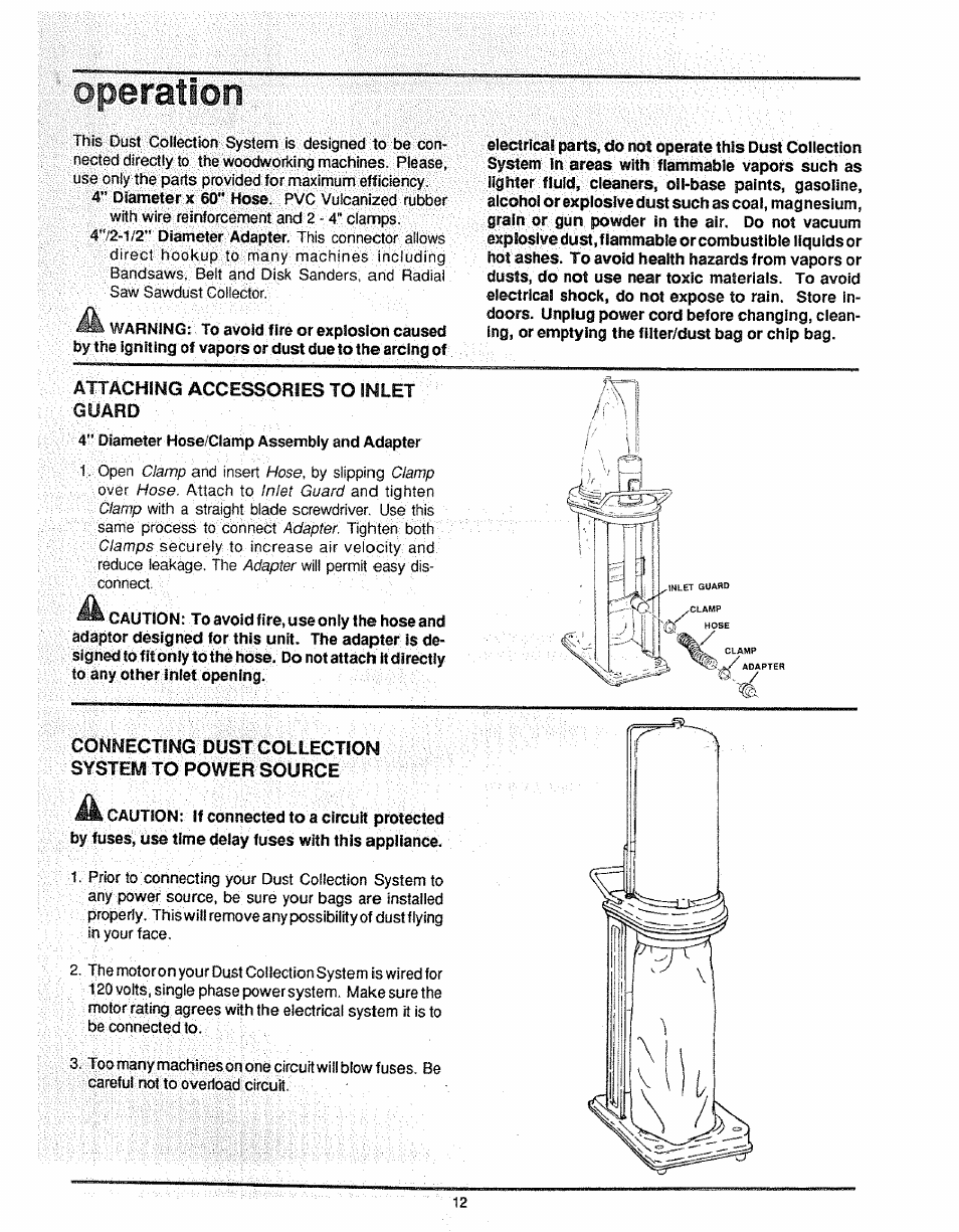 Operation, Accessories to inlet, Connecting dust collection system to power source | Craftsman 113.299780 User Manual | Page 12 / 20