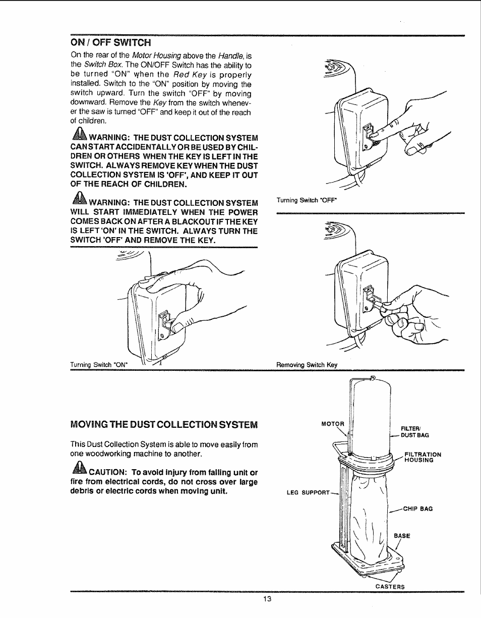 On/off switch, Moving the düst collection system | Craftsman 113.299780 User Manual | Page 13 / 20