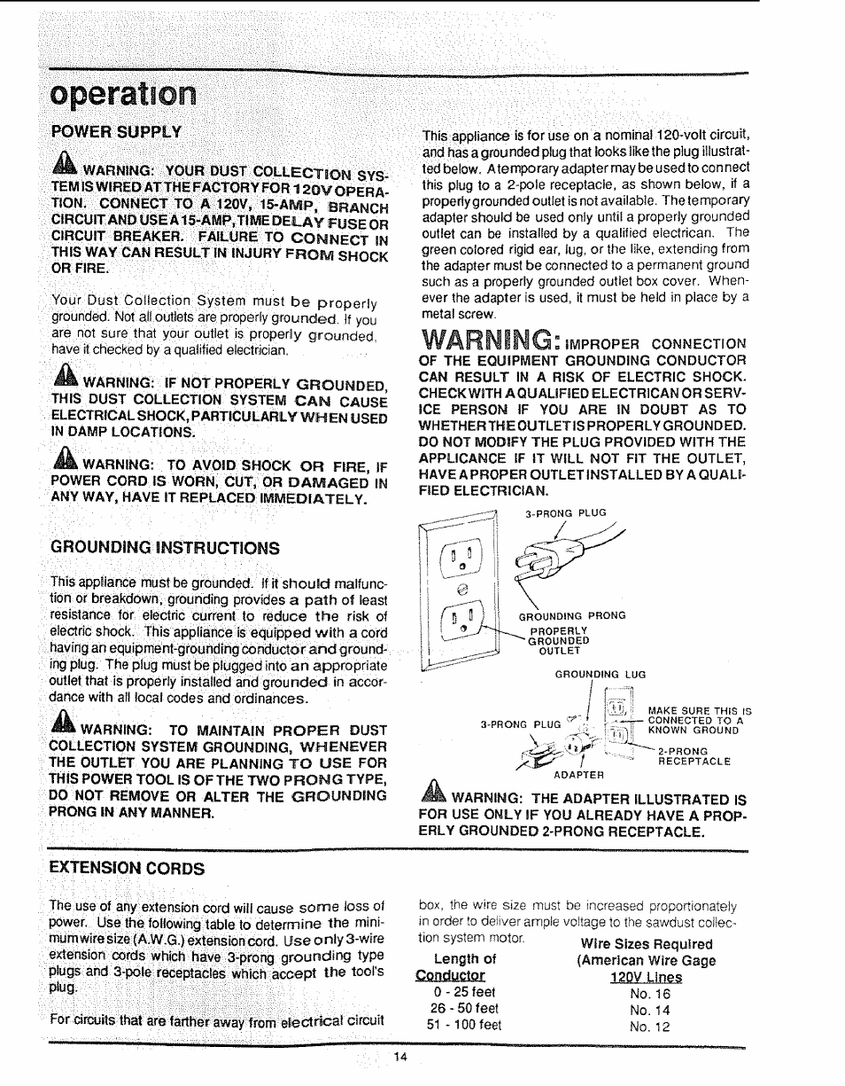 Operation, O per atio n, Warning | Grounding instructions, Extension cords, Power supply | Craftsman 113.299780 User Manual | Page 14 / 20