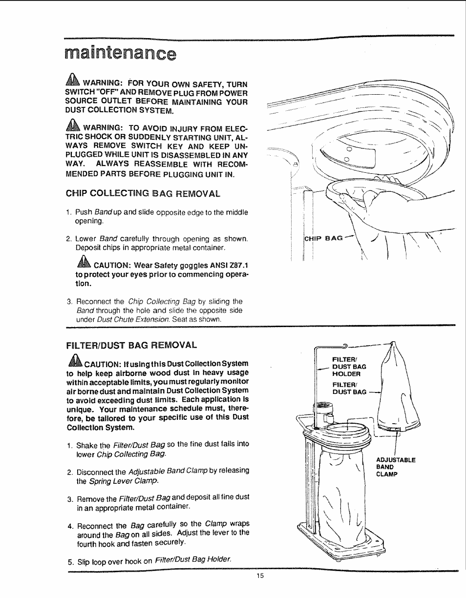 Maintenance, Chip collecting bag removal, Filter/dust bag removal | Craftsman 113.299780 User Manual | Page 15 / 20