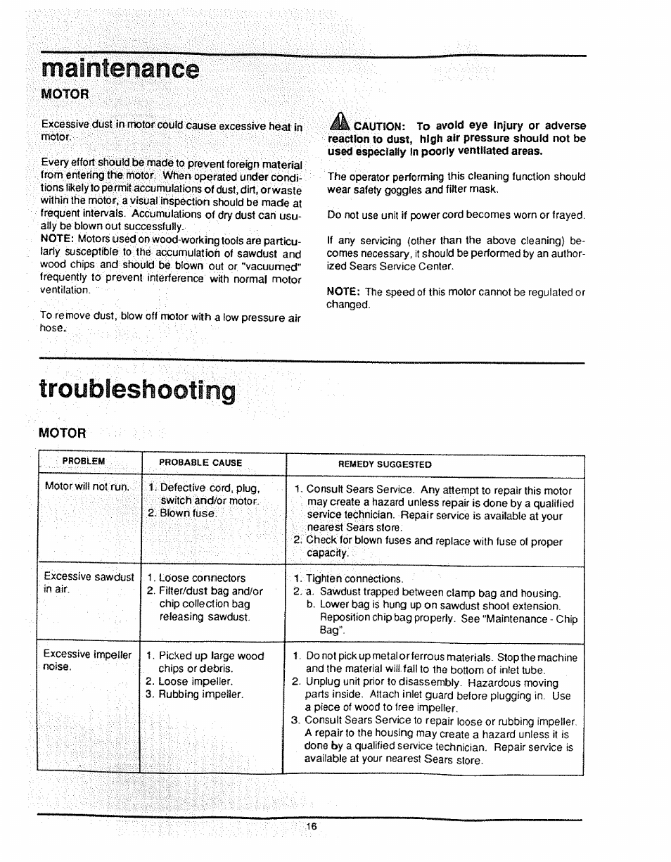 Maintenance, M ain ten an c e, Motor | Craftsman 113.299780 User Manual | Page 16 / 20