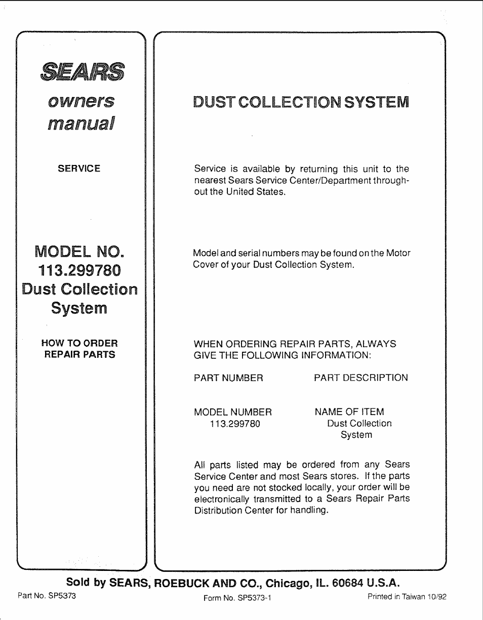 Owners manual, Dust collection system, Sold | Sears, roebuck and, Chicago | Craftsman 113.299780 User Manual | Page 20 / 20