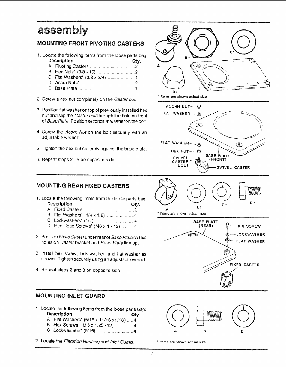 Assembly, P) (g) gw, Mounting front pivoting casters | Mounting rear fixed casters, Mounting inlet guard | Craftsman 113.299780 User Manual | Page 7 / 20