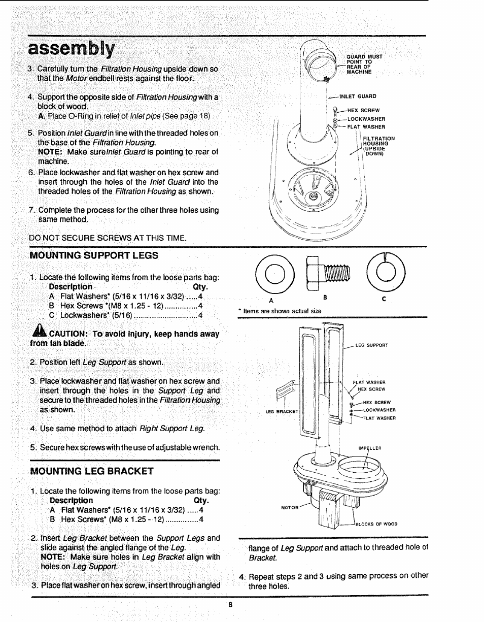 Assembly, Mounting support legs, Mounting leg bracket | Craftsman 113.299780 User Manual | Page 8 / 20