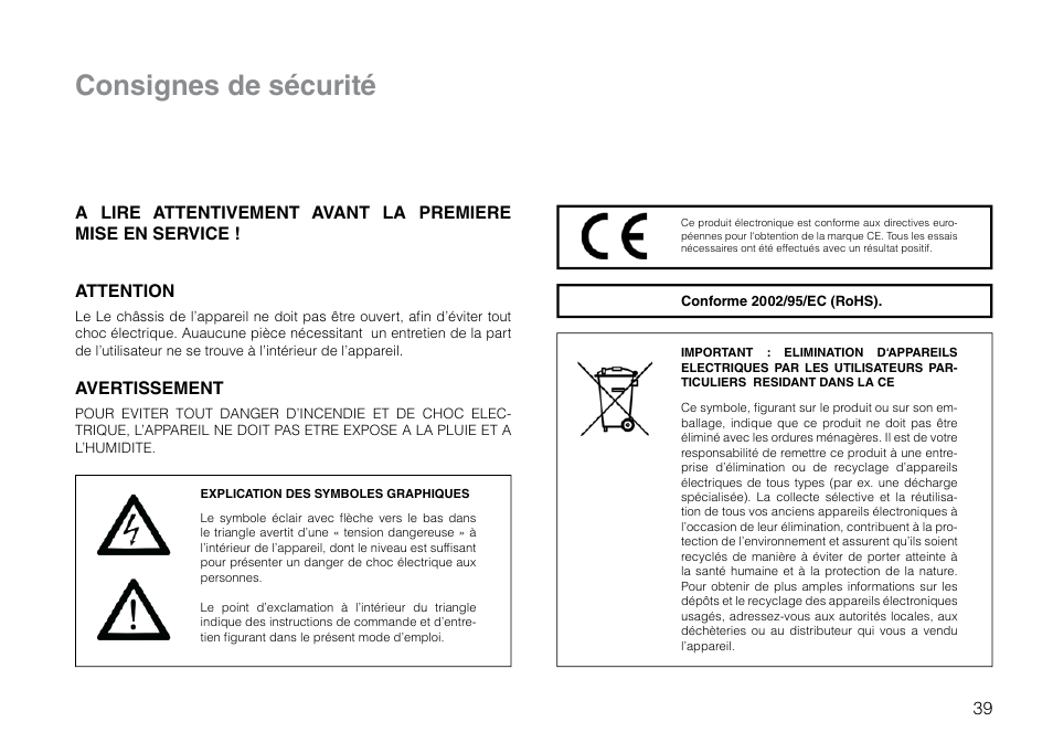 Consignes de sécurité, Avertissement | THORENS TD 2015 User Manual | Page 39 / 56