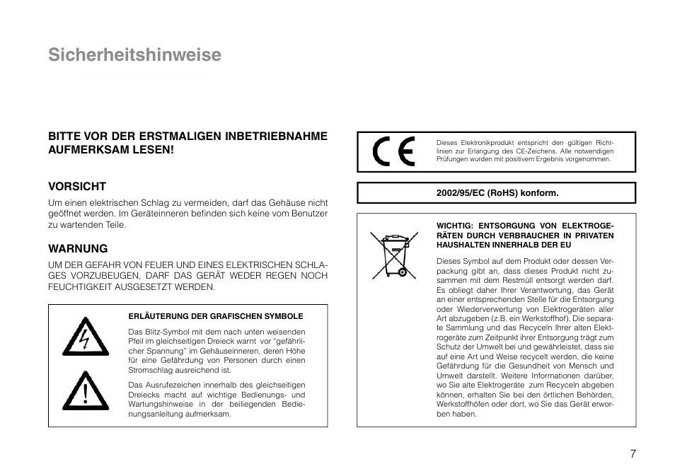 Sicherheitshinweise, Warnung | THORENS TD 2015 User Manual | Page 7 / 56