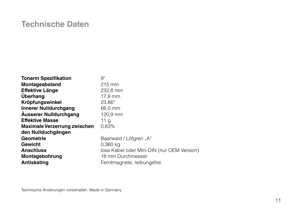 Technische daten | THORENS TP 92 User Manual | Page 11 / 28