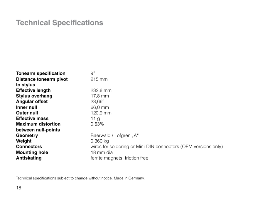 Technical specifications | THORENS TP 92 User Manual | Page 18 / 28