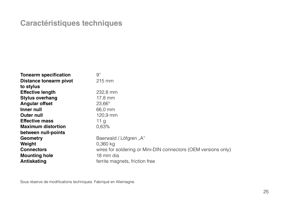 Caractéristiques techniques | THORENS TP 92 User Manual | Page 25 / 28