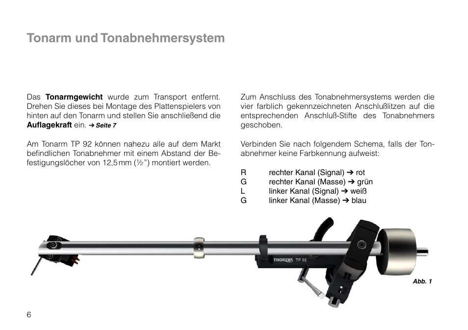 Tonarm und tonabnehmersystem | THORENS TP 92 User Manual | Page 6 / 28