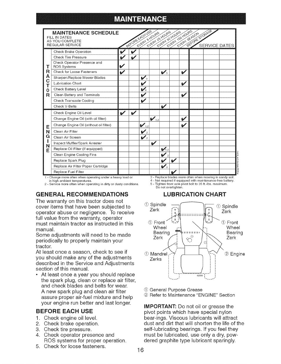 Maintenance, General recommendations, Before each use | Lubrication chart, General purpose grease | Craftsman 917.275900 User Manual | Page 16 / 60