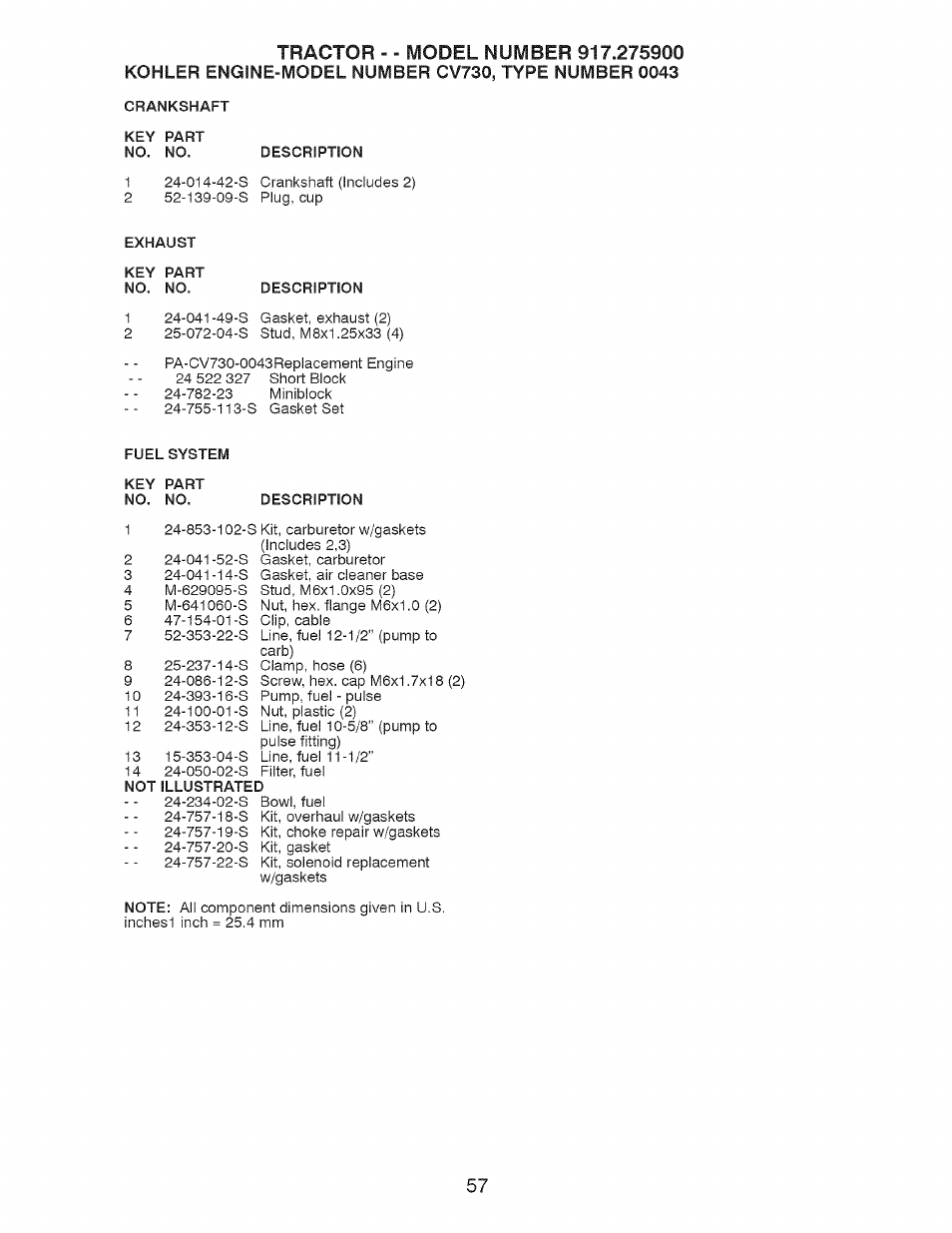 Crankshaft, Fuel system, Key part no. no | Craftsman 917.275900 User Manual | Page 57 / 60