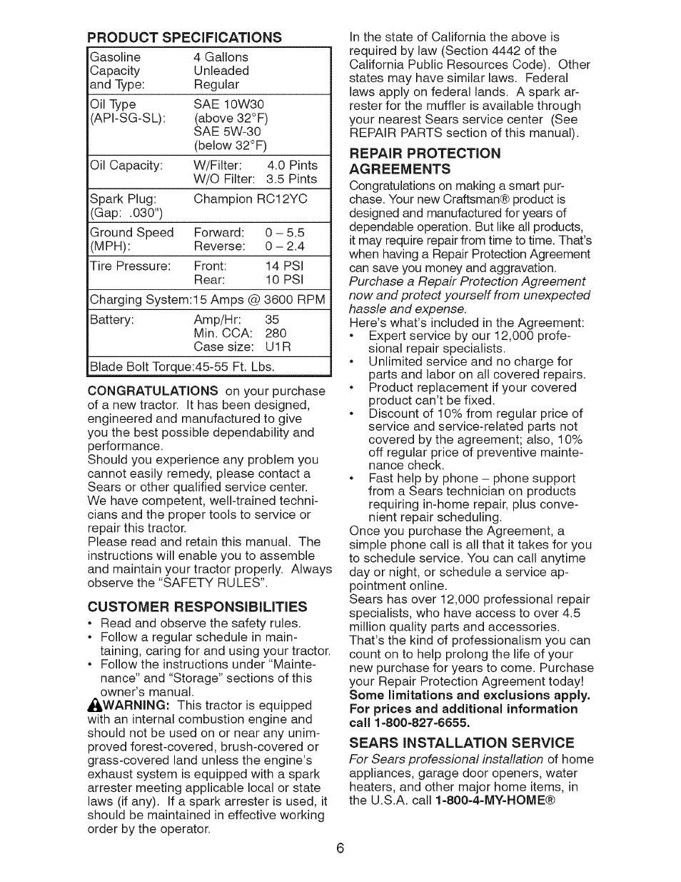 Customer responsibilities, Repair protection agreements, Sears installation service | Craftsman 917.275900 User Manual | Page 6 / 60