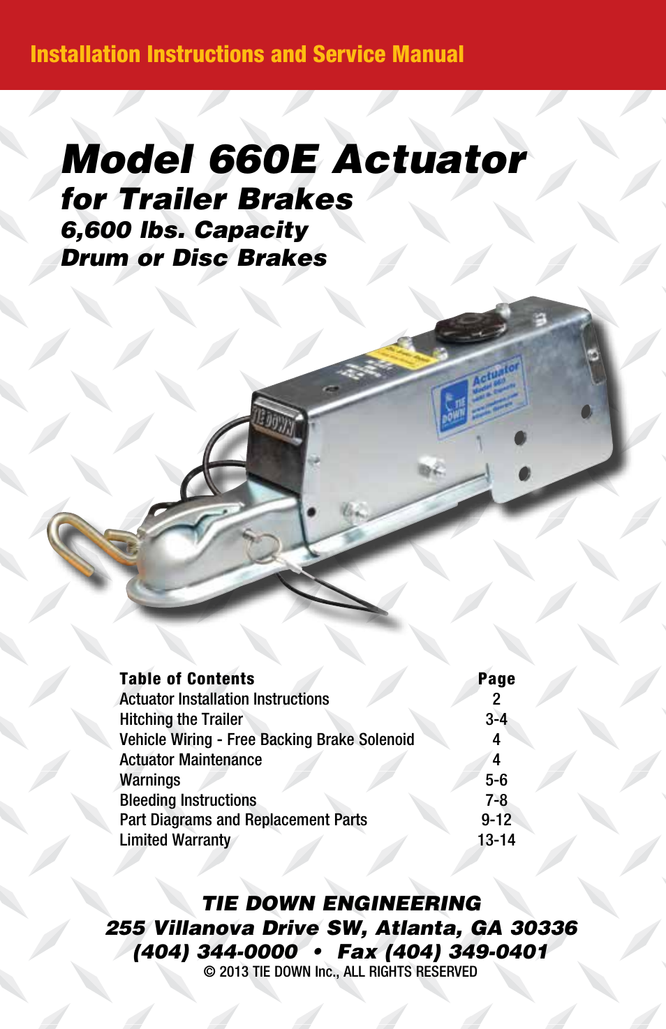 Model 660e actuator, For trailer brakes, Installation instructions and service manual | 6,600 lbs. capacity drum or disc brakes | Tie Down 660E User Manual | Page 2 / 16