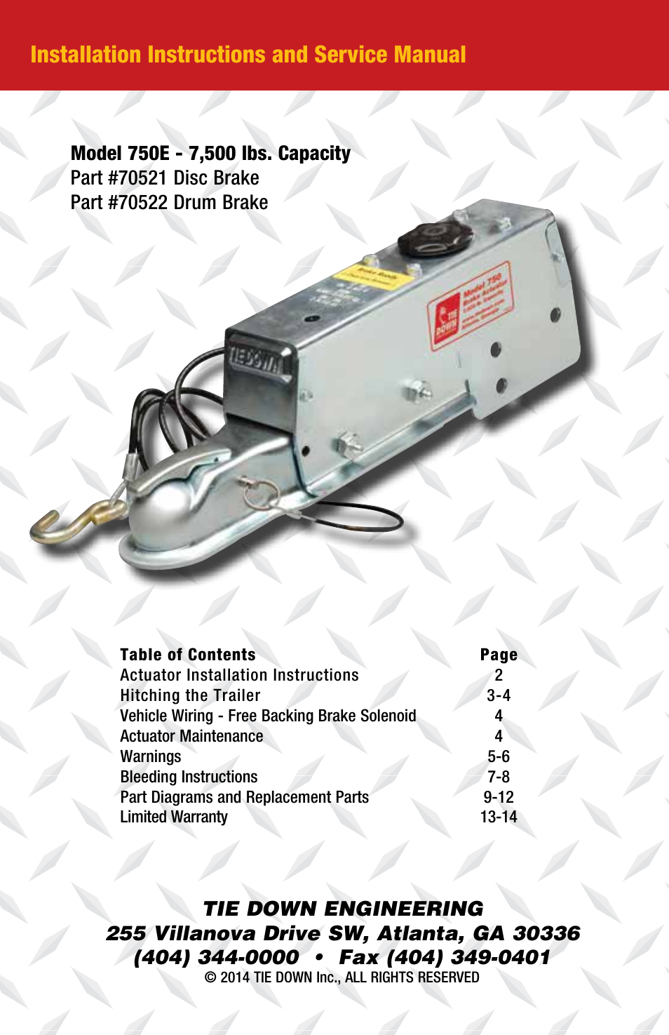 Installation instructions and service manual | Tie Down 750E User Manual | Page 2 / 16