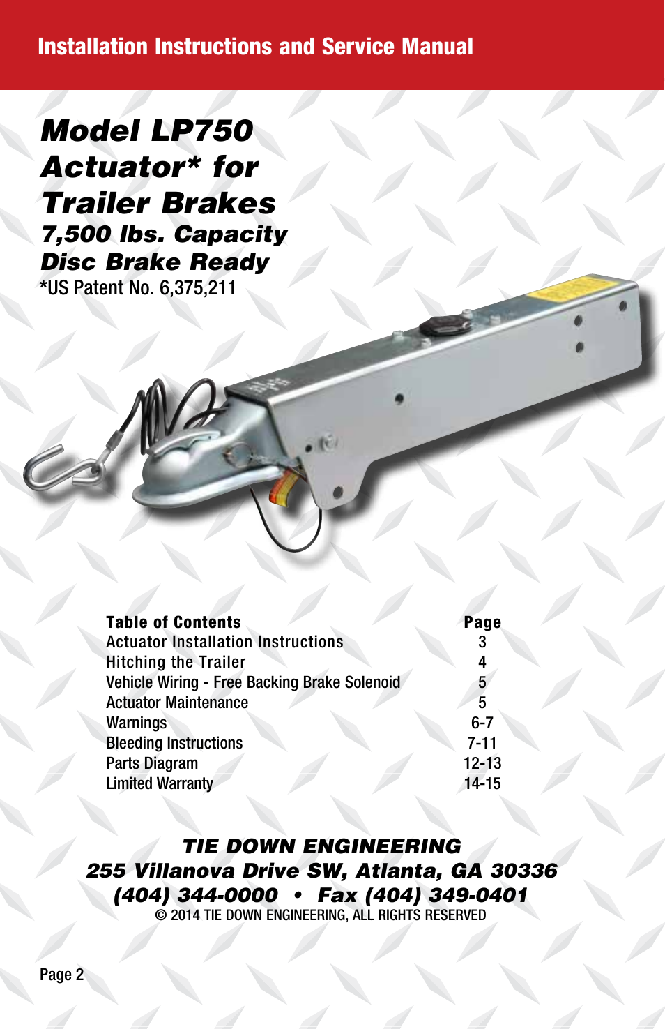 Model lp750 actuator* for trailer brakes, Installation instructions and service manual, 7,500 lbs. capacity disc brake ready | Tie Down LP750 User Manual | Page 2 / 16