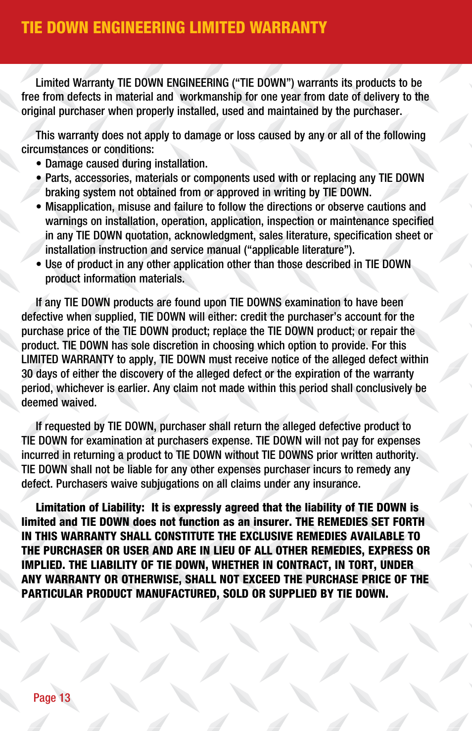 Tie down engineering limited warranty | Tie Down 850E User Manual | Page 14 / 16