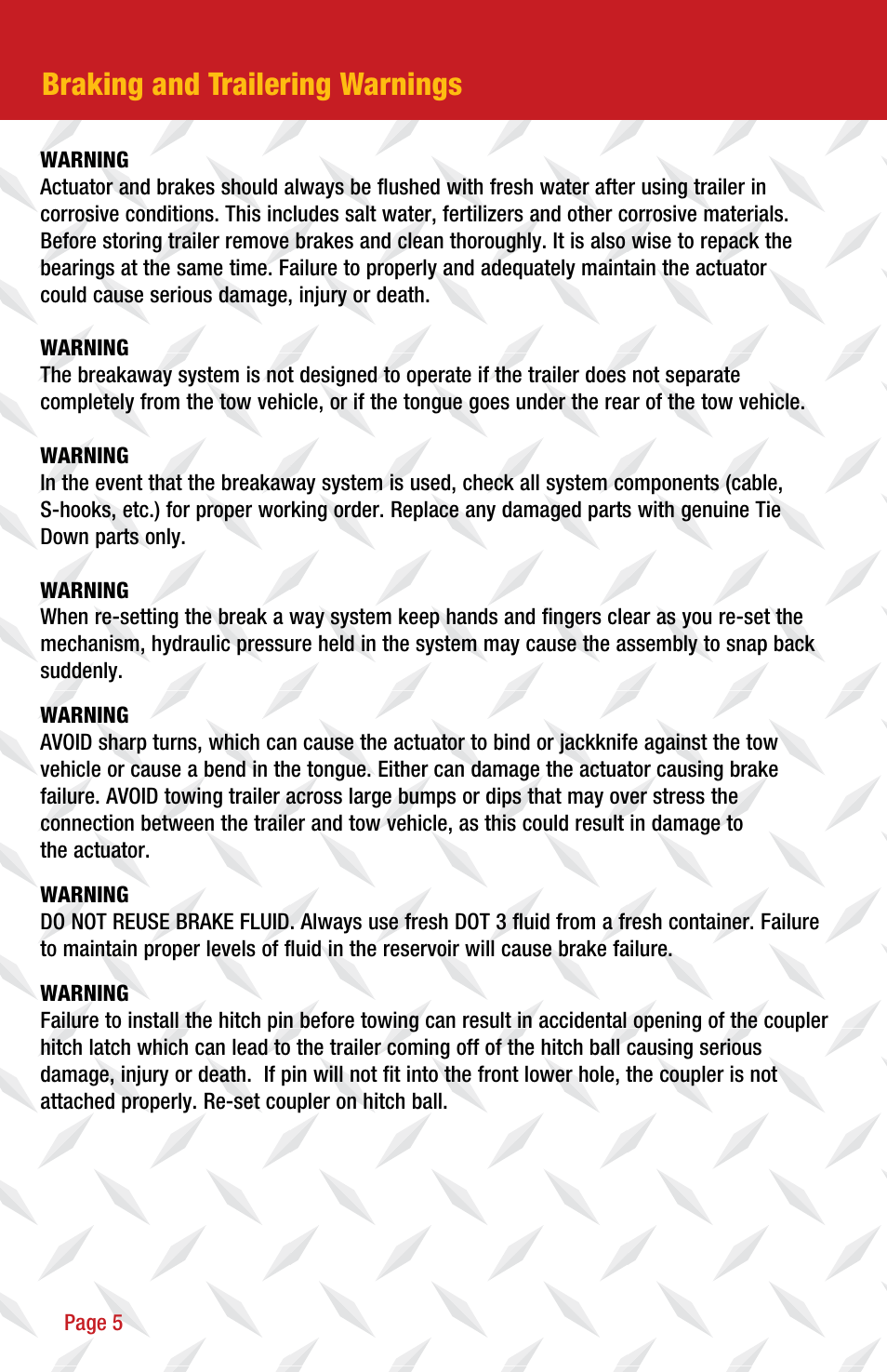 Braking and trailering warnings | Tie Down 850E User Manual | Page 6 / 16