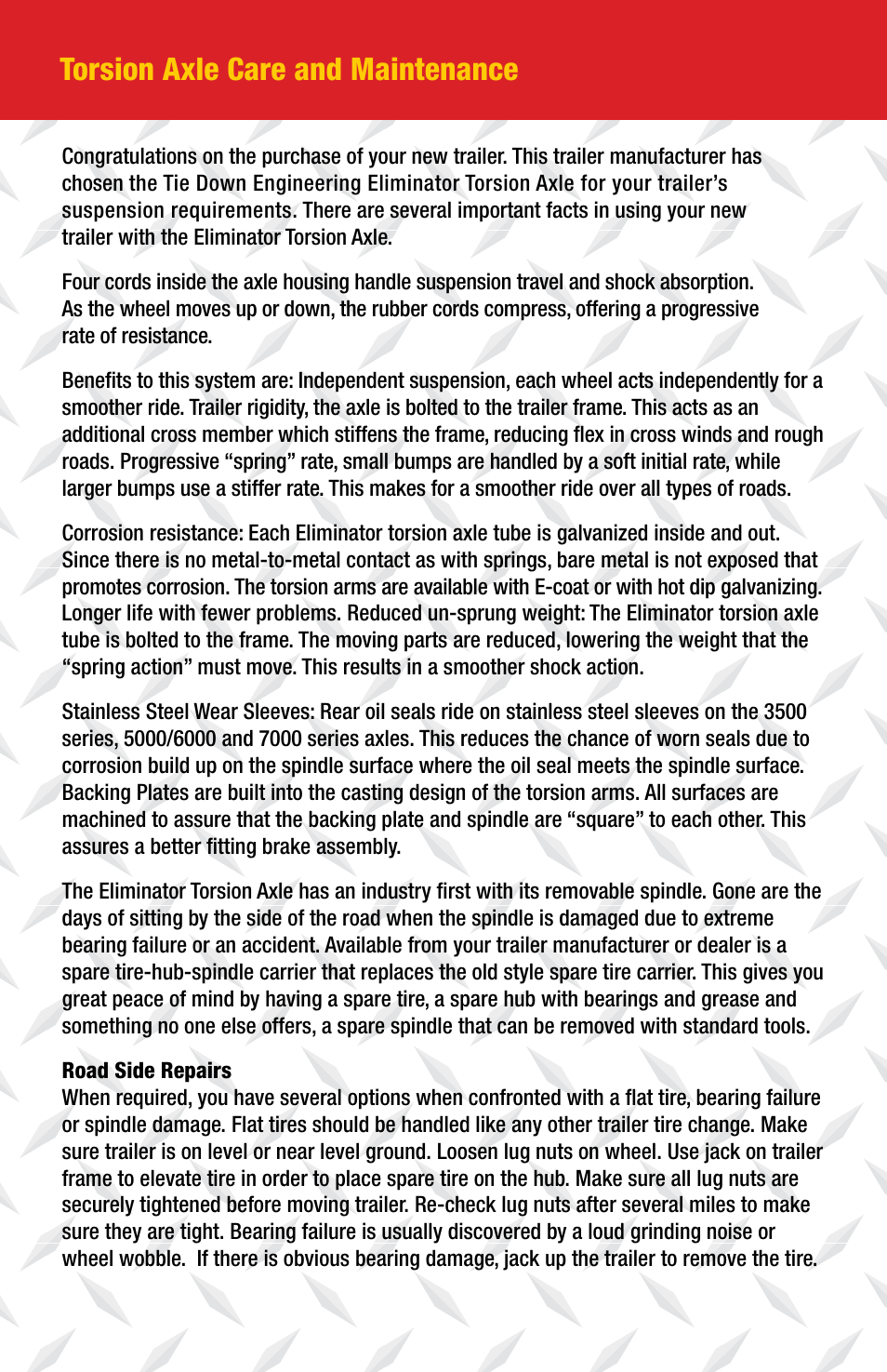 Torsion axle care and maintenance | Tie Down Torsion Axle User Manual | Page 2 / 4