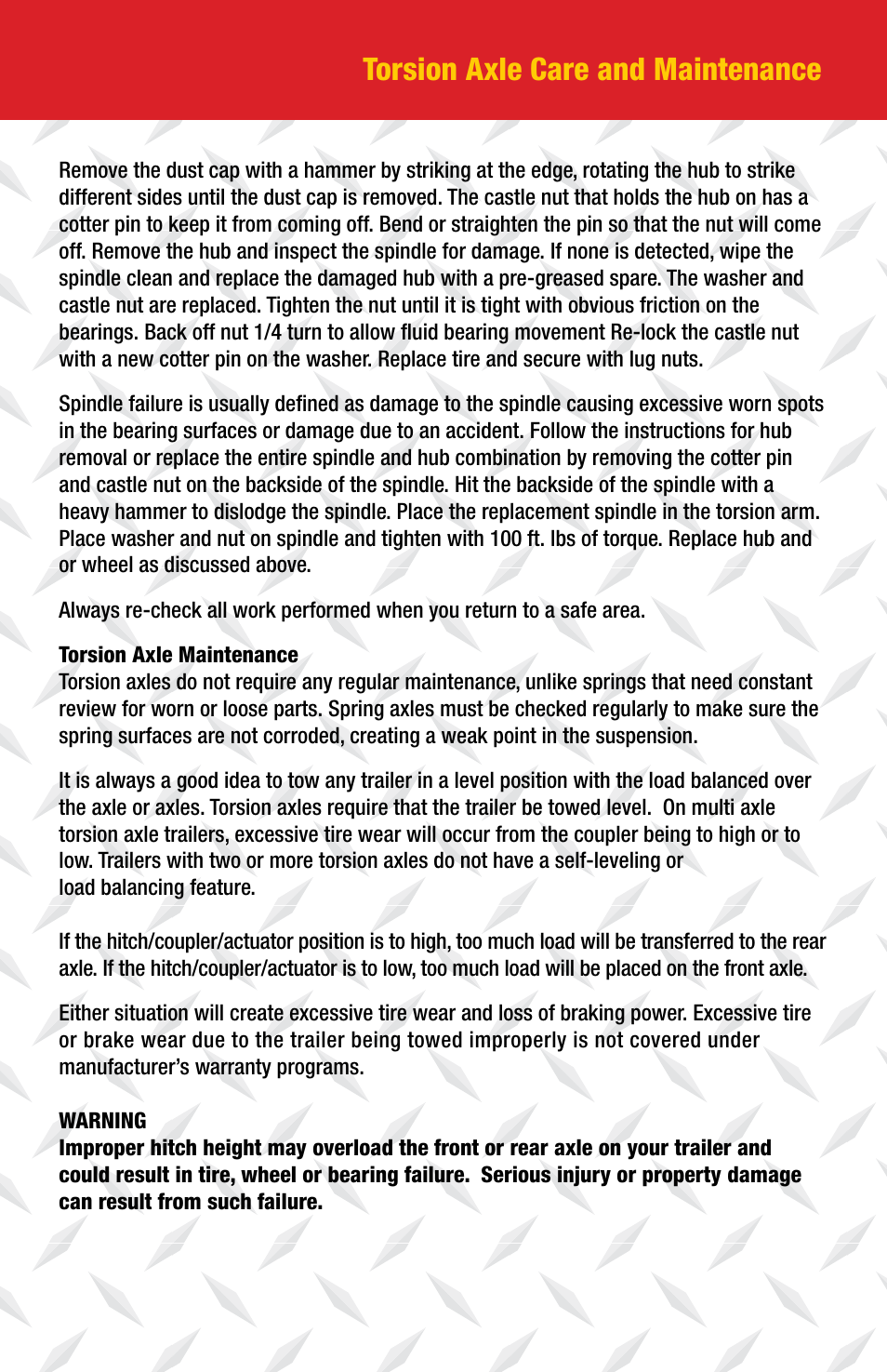 Torsion axle care and maintenance | Tie Down Torsion Axle User Manual | Page 3 / 4