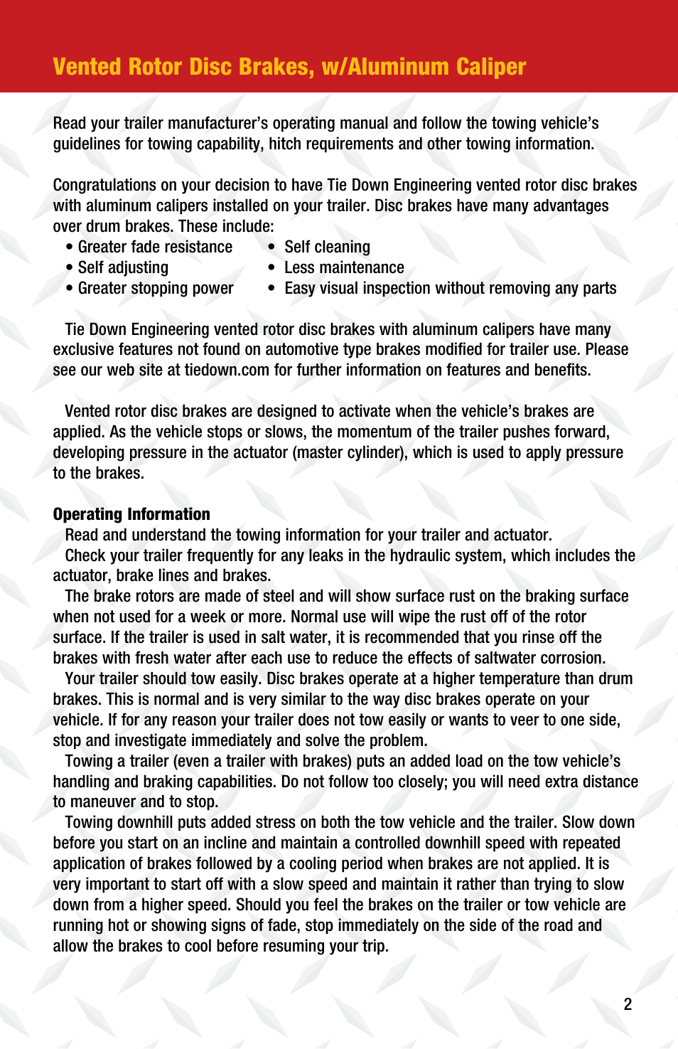 Vented rotor disc brakes, w/aluminum caliper | Tie Down Eliminator Vented Disc Brakes User Manual | Page 3 / 12