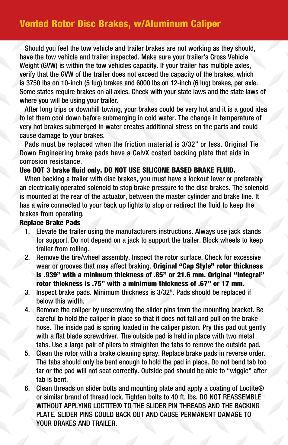 Vented rotor disc brakes, w/aluminum caliper | Tie Down Eliminator Vented Disc Brakes User Manual | Page 4 / 12