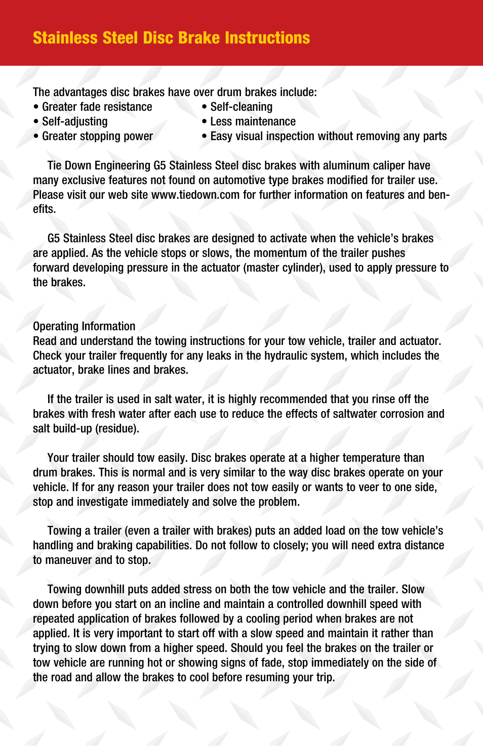 Stainless steel disc brake instructions | Tie Down G5 User Manual | Page 2 / 12