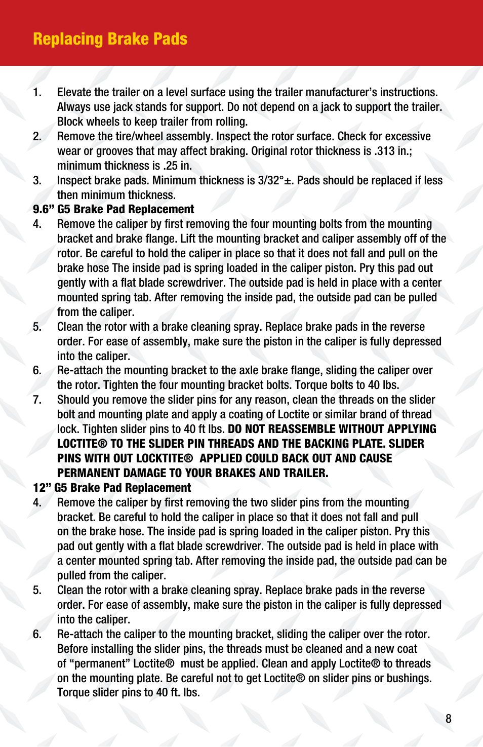 Replacing brake pads | Tie Down G5 User Manual | Page 9 / 12