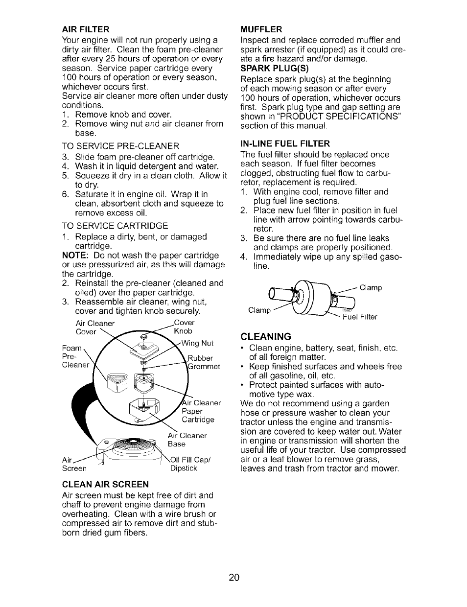 Clean air screen, Muffler, Spark plug(s) | Craftsman 917.273170 User Manual | Page 20 / 56