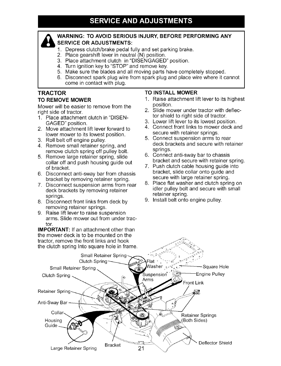 Service and adjustments, To install mower | Craftsman 917.273170 User Manual | Page 21 / 56