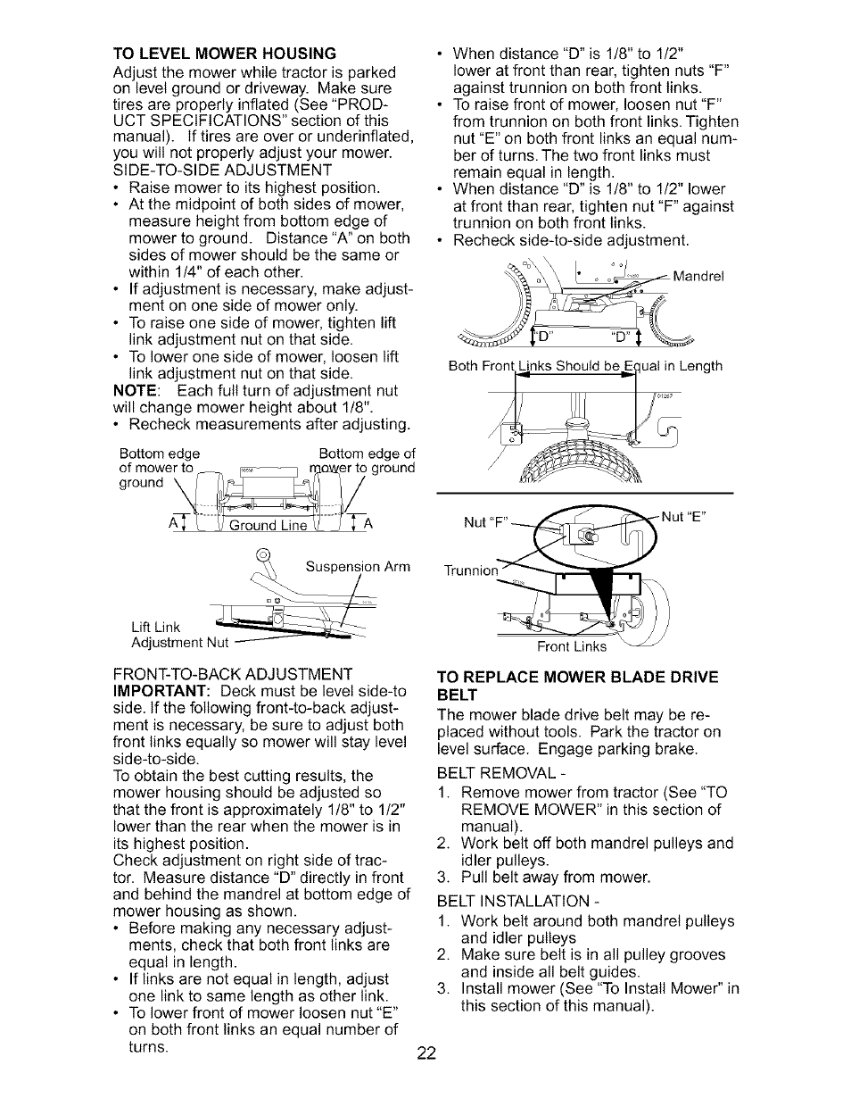 To replace mower slade drive, Belt | Craftsman 917.273170 User Manual | Page 22 / 56