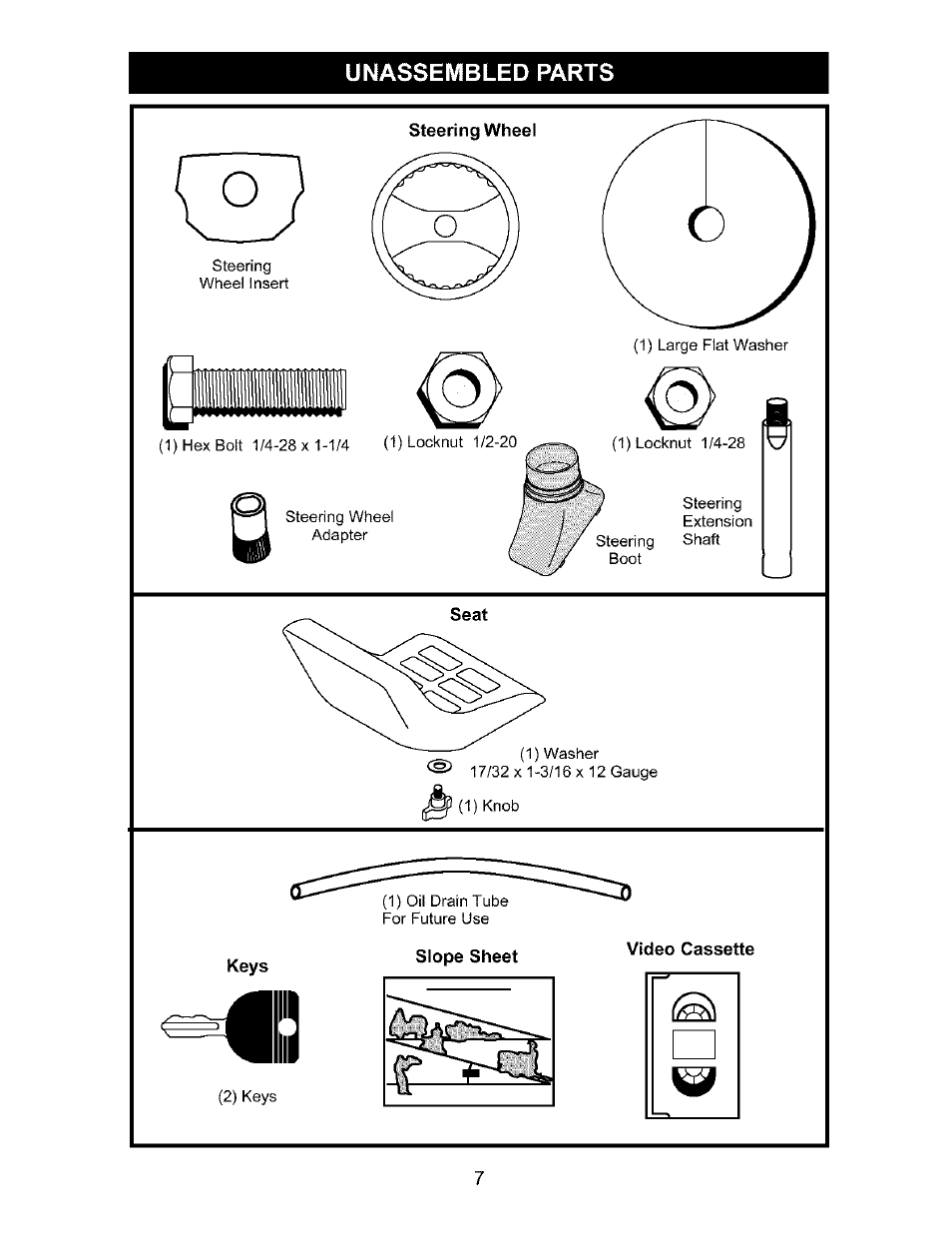 Unassembled parts, Steering wheel, Keys | Slope sheet, Video cassette | Craftsman 917.273170 User Manual | Page 7 / 56