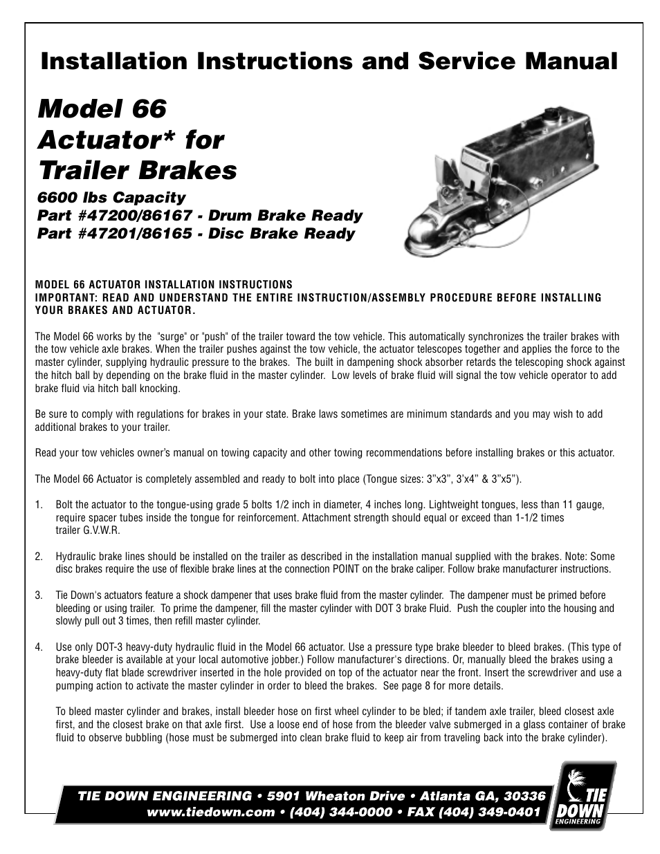 Tie Down 66 Actuator User Manual | 8 pages