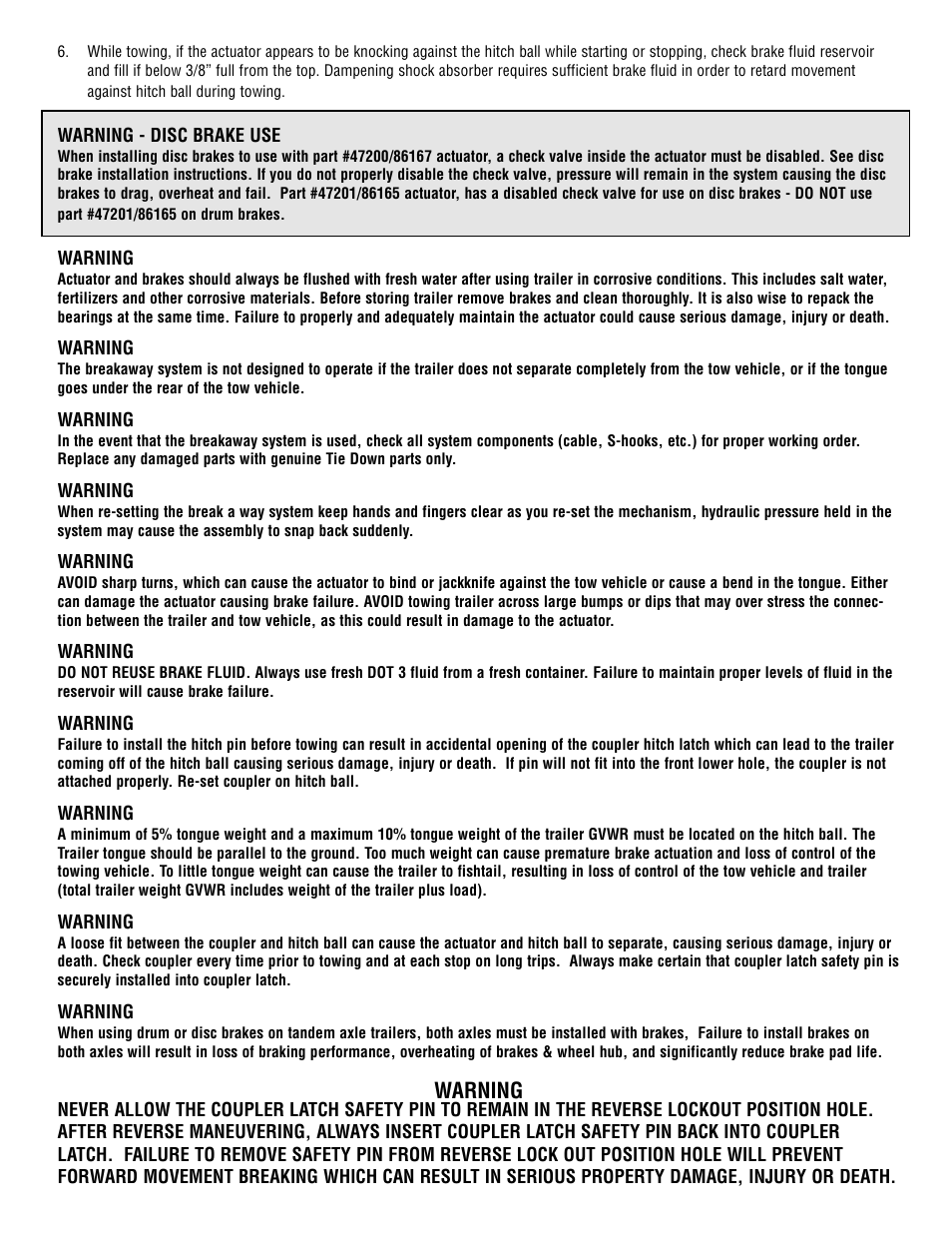 Warning | Tie Down 66 Actuator User Manual | Page 3 / 8