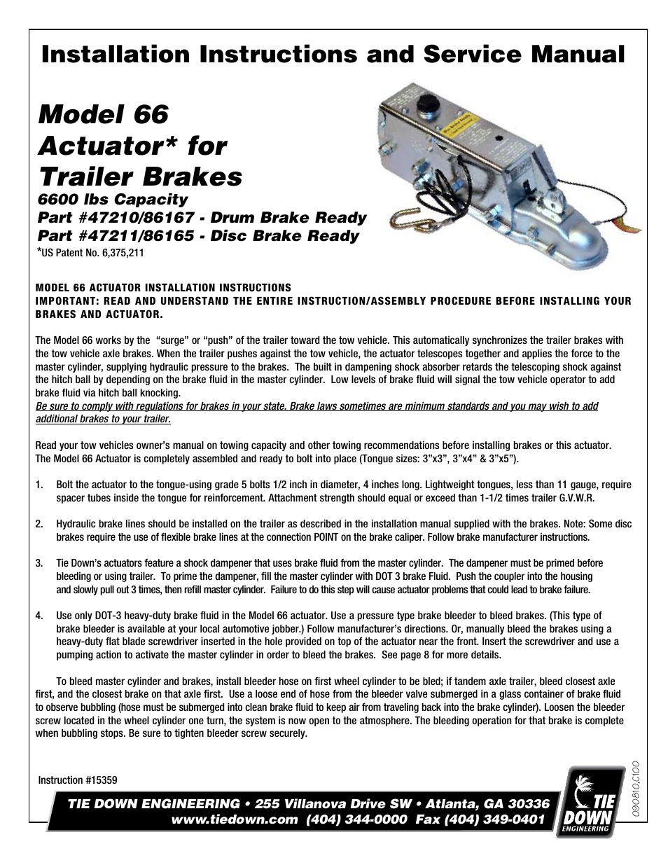 Tie Down 66 Actuator For Serial #16020 and above User Manual | 8 pages
