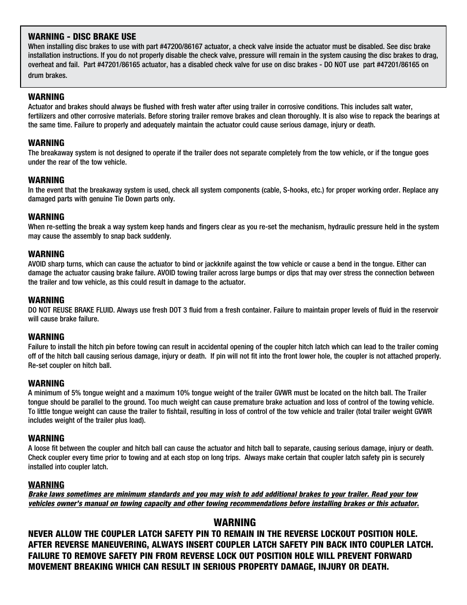 Warning | Tie Down 66 Actuator For Serial #16020 and above User Manual | Page 3 / 8